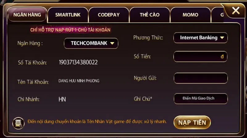 Cổng game hỗ trợ nhiều phương thức để anh em giao dịch tiện lợi